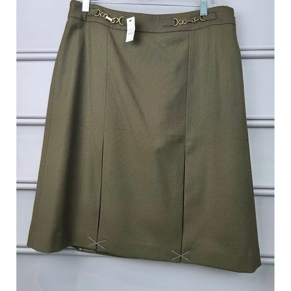 Talbots Olive Army Green Wool Blend Pleated‎ Skirt Chain Detail Size 8 NWT